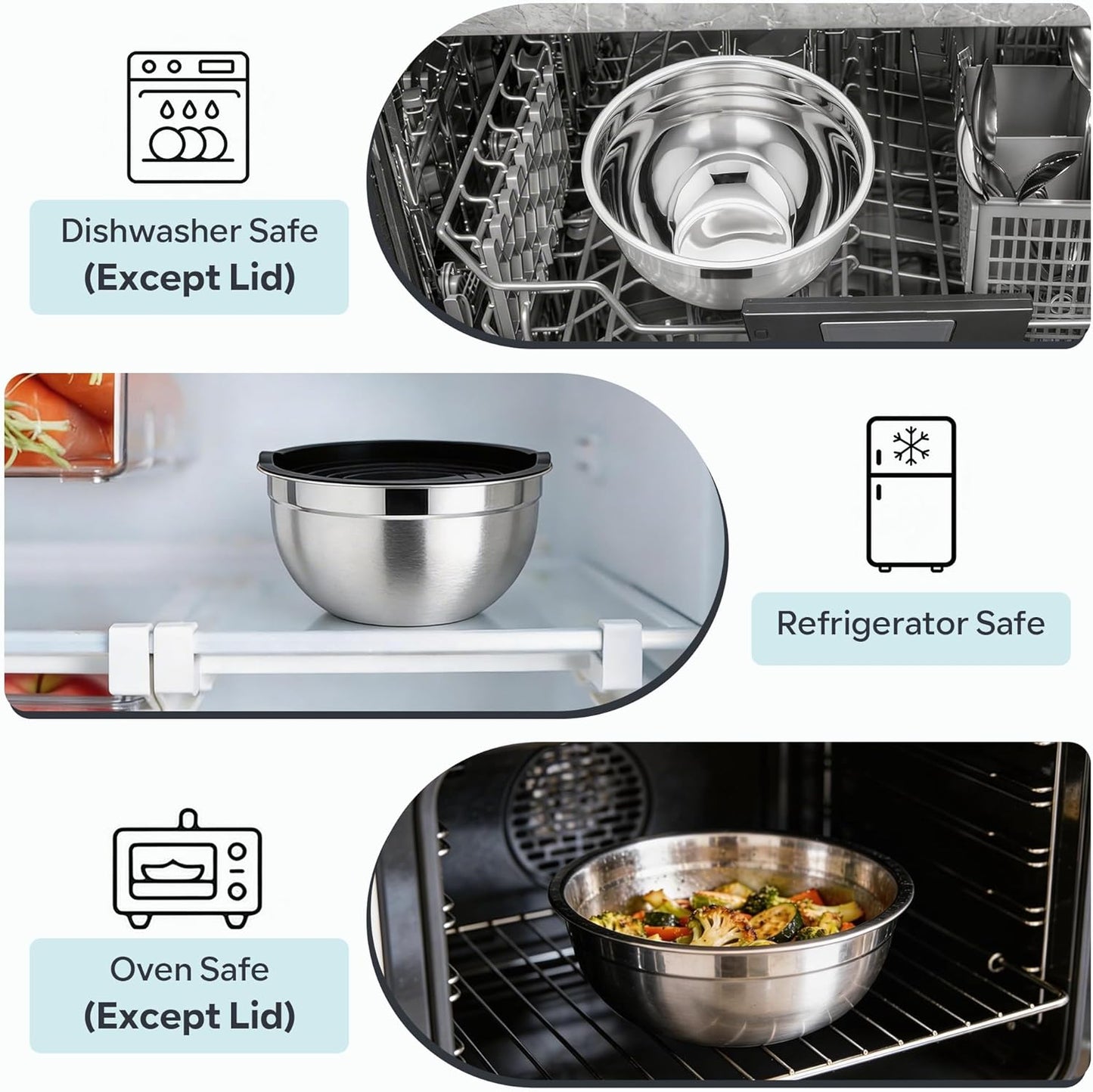 E-far Mixing Bowls with Lids, 6-Piece Stainless Steel Salad Bowls Metal Nesting Bowls for Baking Cooking and Prepping, Airtight Lids & Stackable Design, Size 4.5, 3, 1.5 QT (Black)