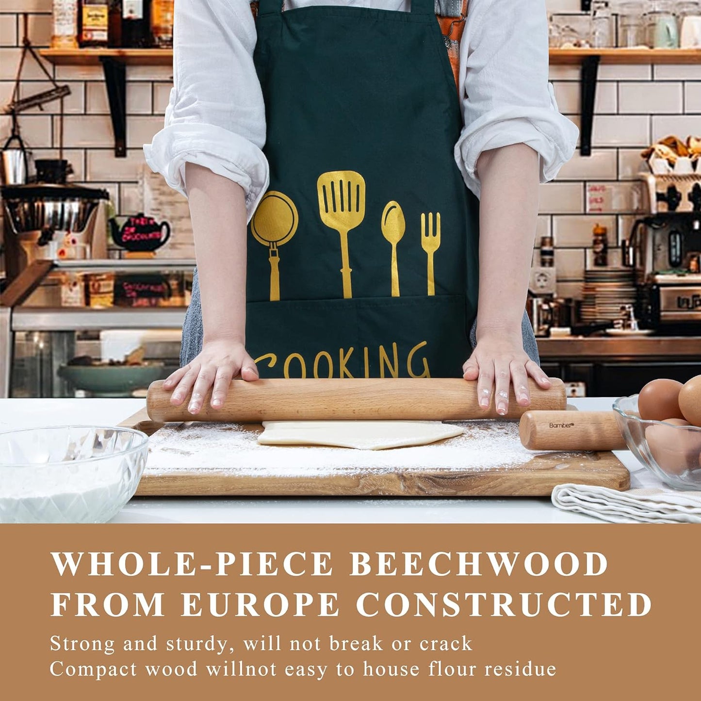 Bamber Wood Rolling Pin for Baking Wooden Rolling Dowel Stick Dough Roller for Cookie Dumpling Pastry Pizza Tortilla, 15'' by 1.5''