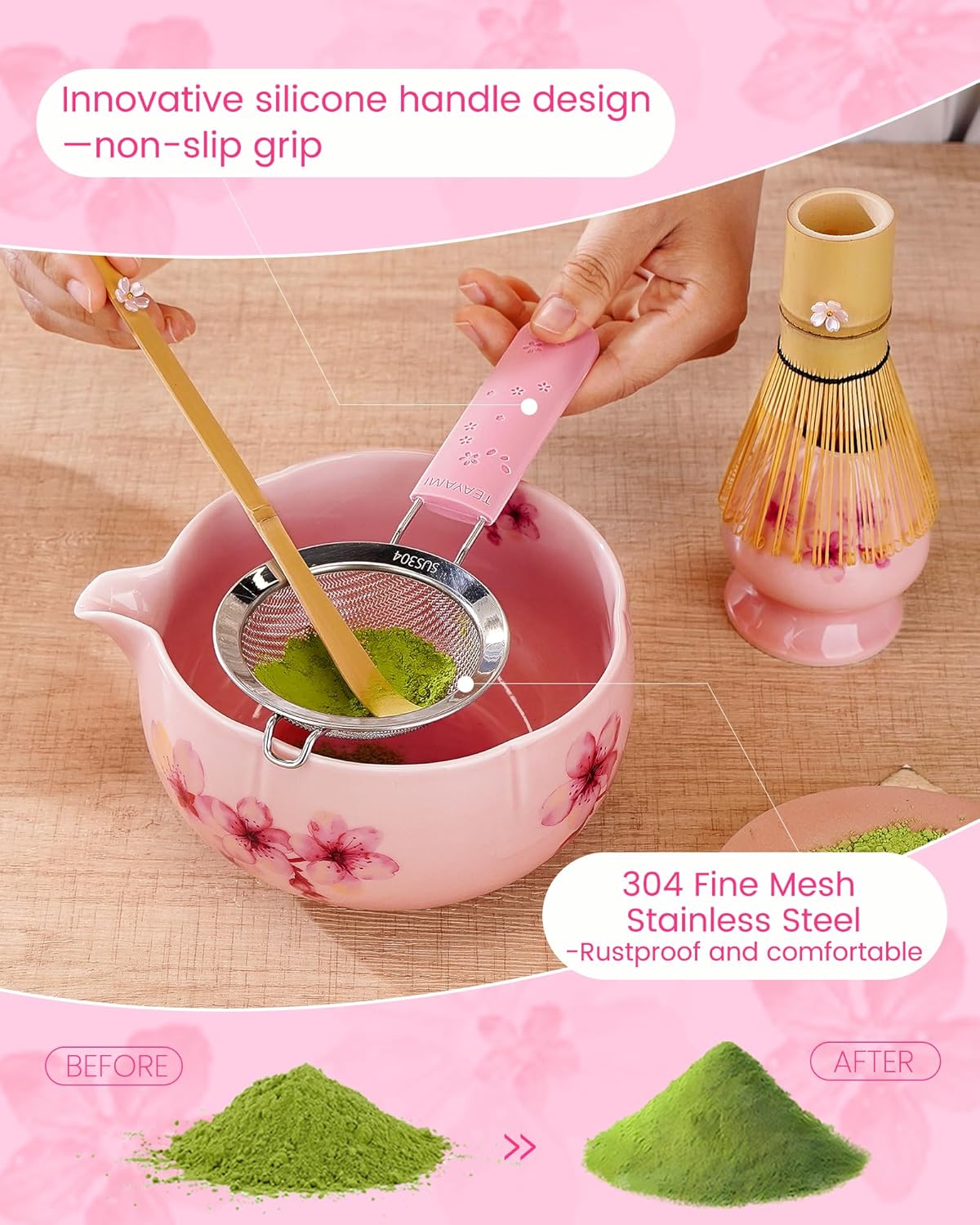 Matcha Whisk Set, 6pcs Matcha Kit Includes Large Matcha Bowl, Bamboo Whisk & Scoop with Cute Charm, Chasen Holder, Innovative Sifter, Tea Mat for Japanese Tea Ceremony-Floral Pattern