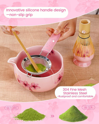 Matcha Whisk Set, 6pcs Matcha Kit Includes Large Matcha Bowl, Bamboo Whisk & Scoop with Cute Charm, Chasen Holder, Innovative Sifter, Tea Mat for Japanese Tea Ceremony-Floral Pattern