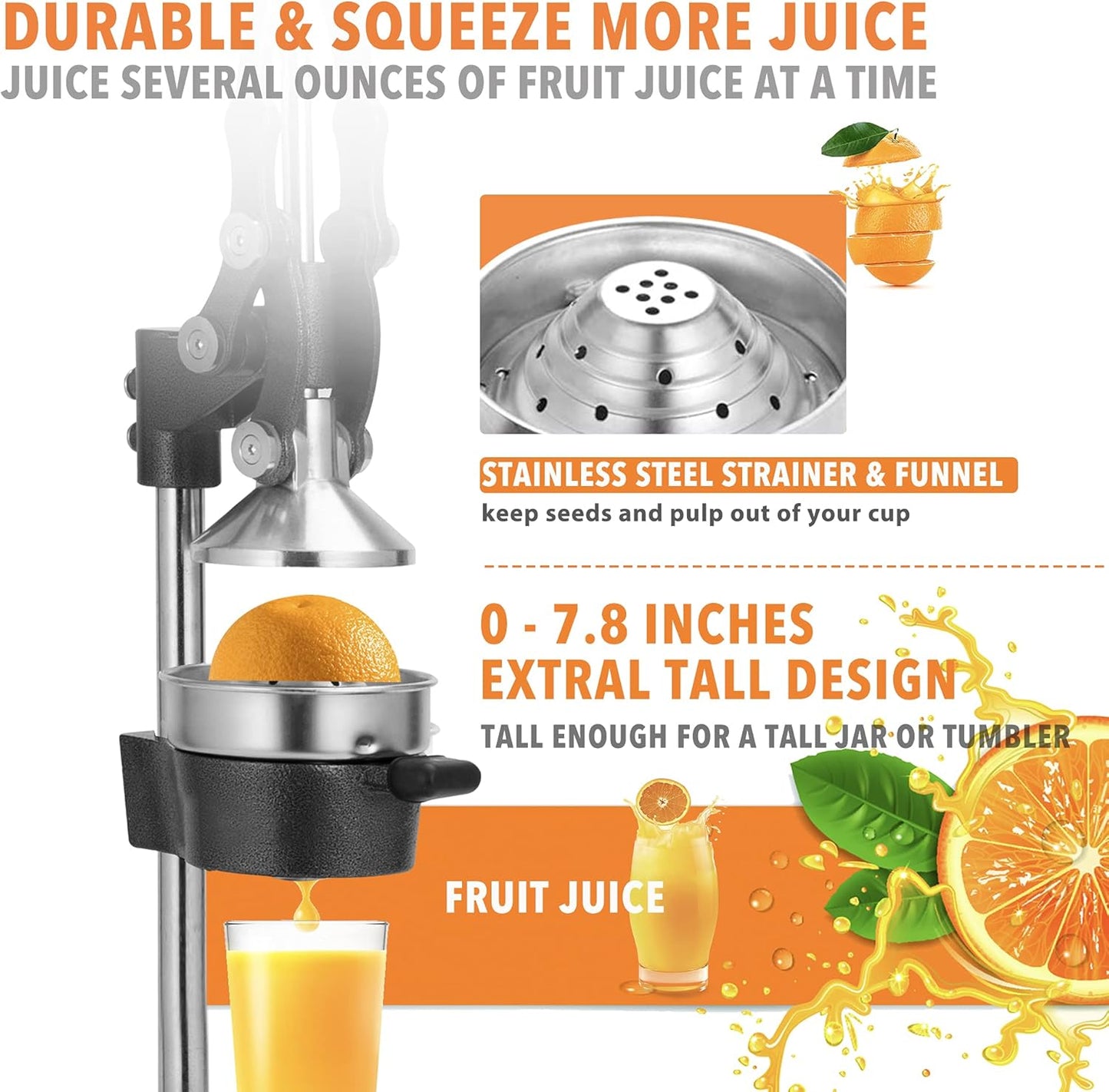 Commercial Heavy Duty Cast Iron Hand Press Manual Orange Citrus Lemon Lime Grapefruit Pomegranate Fruit Juice Squeezer Machine with Stainless Steel Cup
