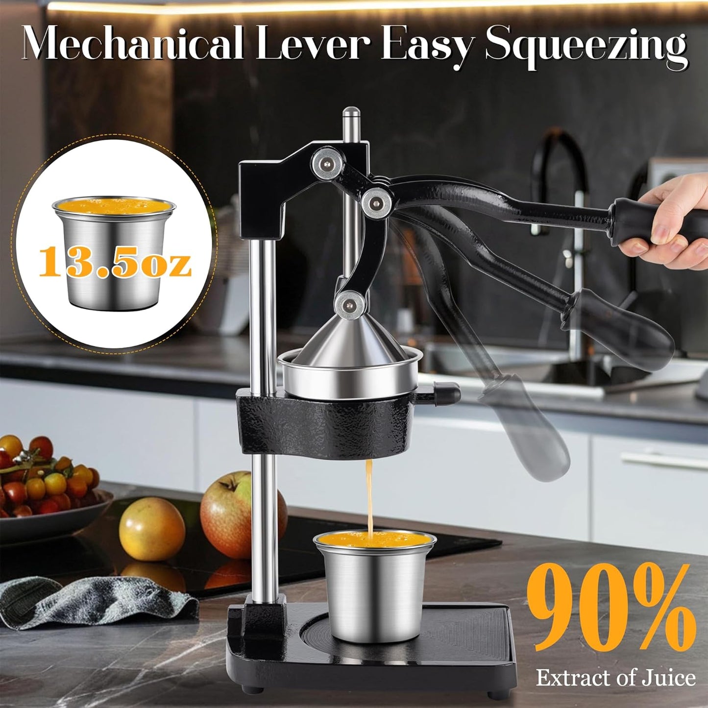 Cast Iron Manual Juicer Hand Press, Lemon Squeezer, Commercial-Grade Citrus Press Suitable for Oranges, Lemons, Limes, and Pomegranates Easy to Clean Includes Stainless Steel Cup, Black