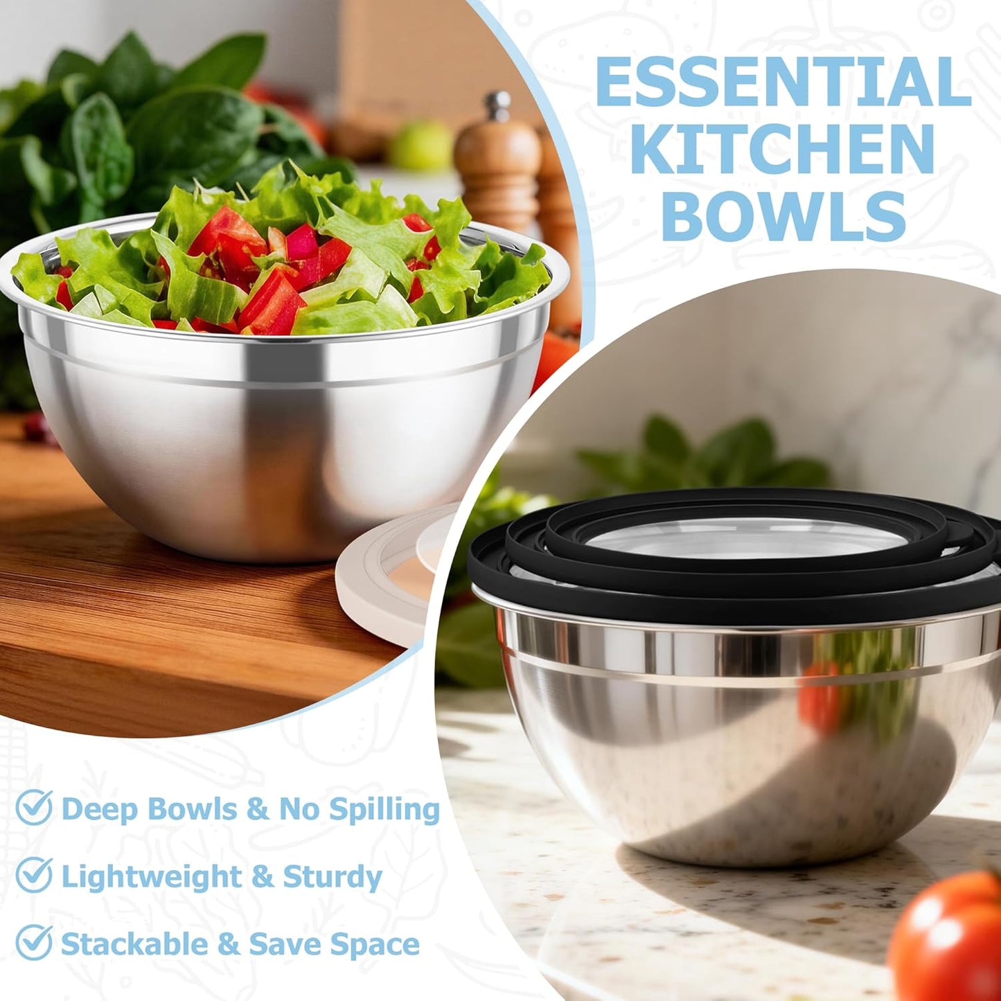 TeamFar Mixing Bowls with Lids, 4.5/3/1.5 QT Stainless Steel Nesting Salad Bowls with Airtight Lids, For Serving/Mixing/Storing/Prepping, Healthy & Sturdy, Visible & Easy Clean, Khaki, Set of 3
