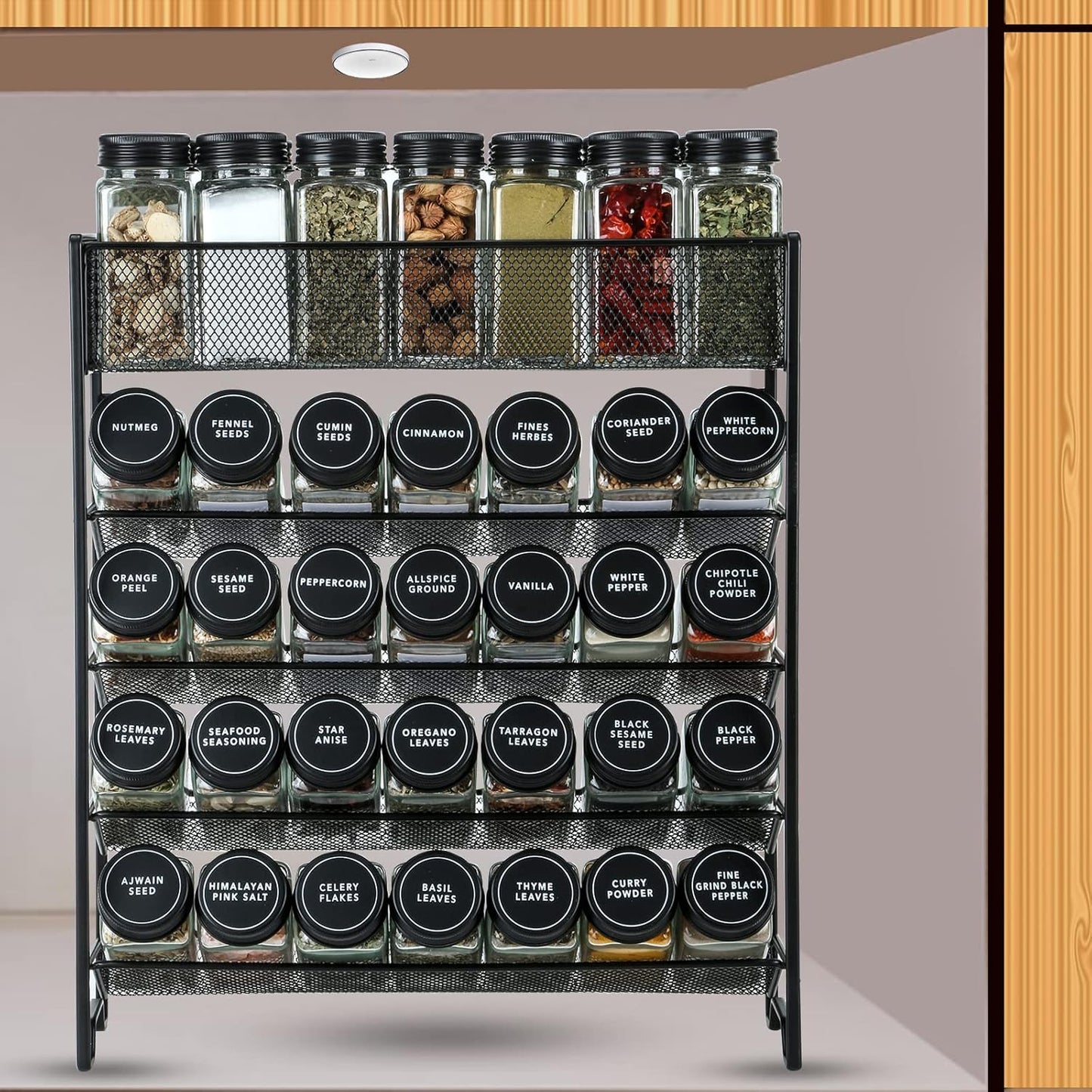 Skiileor Spice Rack Organizer with 28 Spice Jars, Black Lids，Spice Labels, Chalk pen and Funnel Set for Cabinet, Countertop, Pantry, Cupboard or Wall Mount
