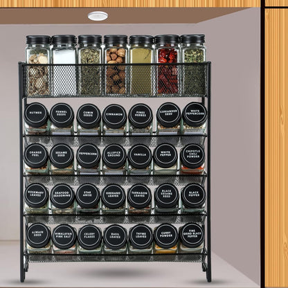 Skiileor Spice Rack Organizer with 28 Spice Jars, Black Lids，Spice Labels, Chalk pen and Funnel Set for Cabinet, Countertop, Pantry, Cupboard or Wall Mount