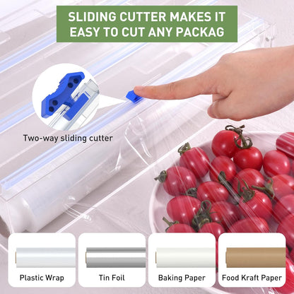 Kitchen Wrap Organizer, Foil and Plastic Wrap Organizer 3 in 1 with Sliding Cutter, Acrylic Wrap Dispenser for Drawer or Wall Mount, Fits 12 Inch Rolls