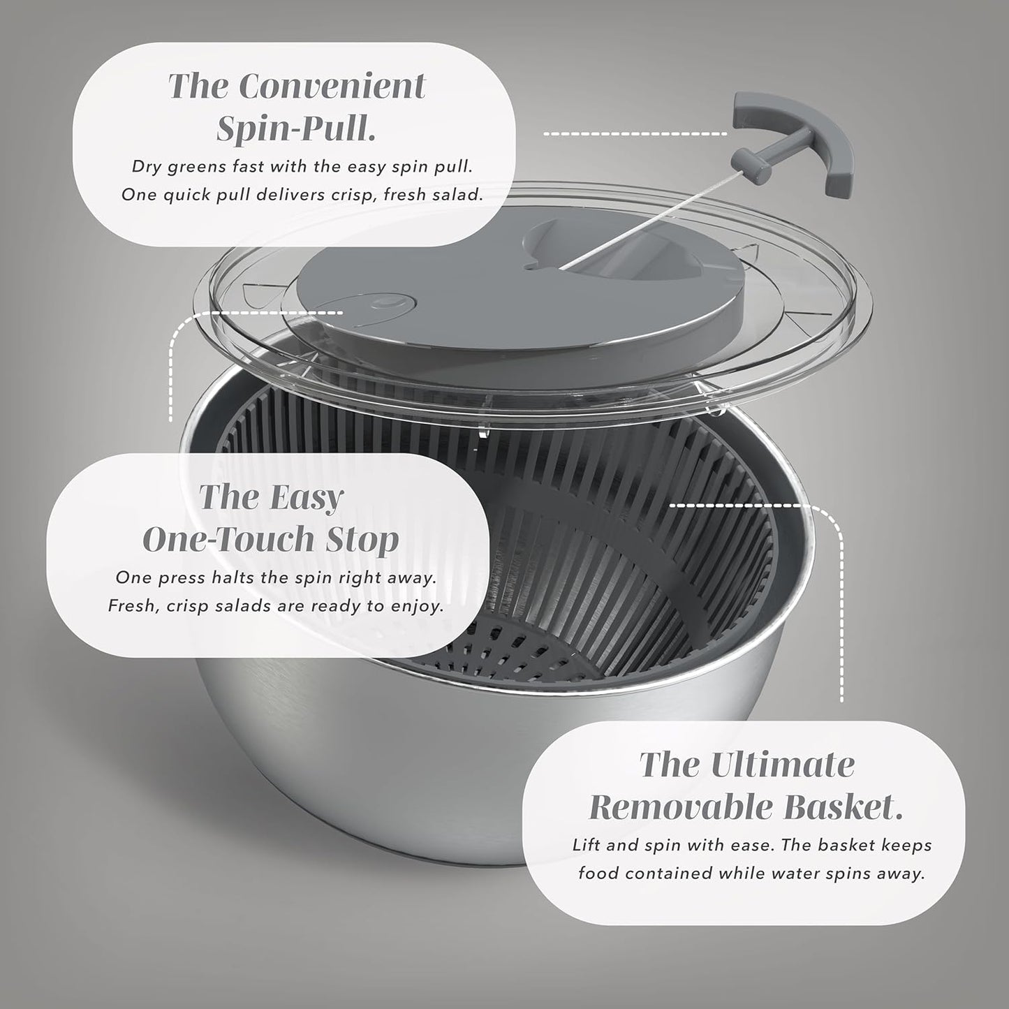 COOK WITH COLOR Stainless Steel Salad Spinner - 5 Qt. Lettuce Washer And Vegetable Spinner Dryer for Easy Salad Prep - Non Slip Base with Pull Handle - Auto Stop Brake System, Stain and Odor Resistant