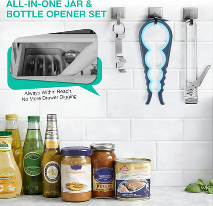 Jar Openers for Weak Hands, 4 Piece Kitchen Opening Set with 5 in 1 Bottle Opener, Adjustable Stainless Steel Jar Opener and 2 Keychain Bottle Openers, Easy Grip Solution for Seniors & Arthritis