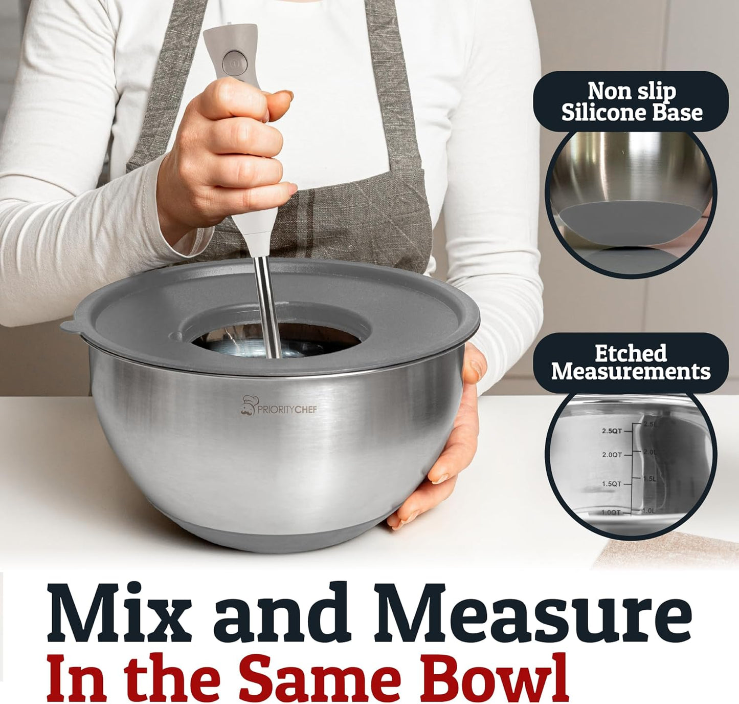 Priority Chef Stainless Steel Mixing Bowls with Lids Set, 3 Grater Attachments, Airtight Lids, Non-Slip Silicone Base Mixing Bowl Set, Large Prep Metal Mixing Bowls for Kitchen, Black