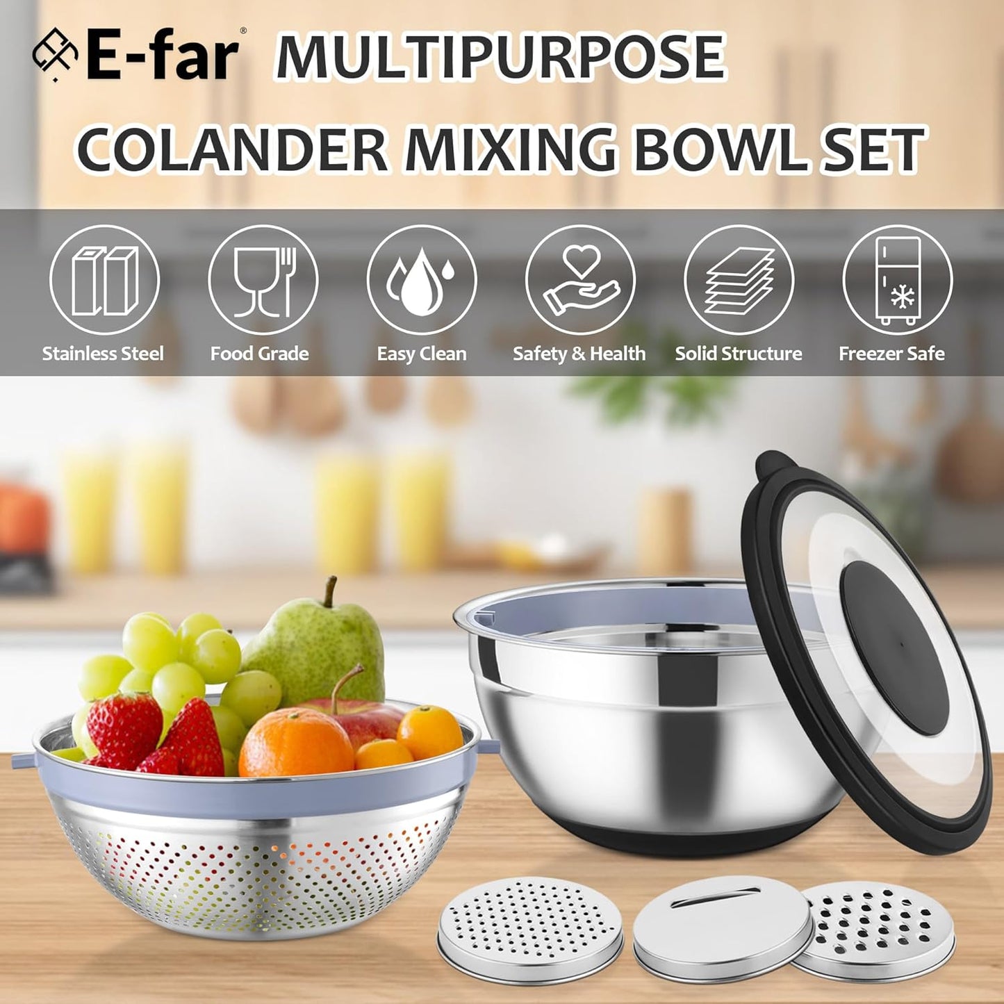 E-far Colander with Mixing Bowl Set, 4-1 Stainless Steel Colander Strainers Bowl with Graters for Kitchen, Rotatable Food Strainer Bowl for Rinsing Fruits Vegetables/Draining Pasta - Blue