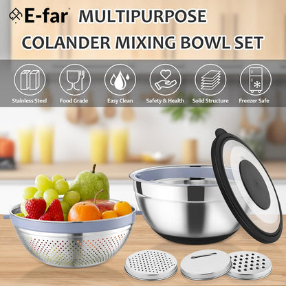 E-far Colander with Mixing Bowl Set, 4-1 Stainless Steel Colander Strainers Bowl with Graters for Kitchen, Rotatable Food Strainer Bowl for Rinsing Fruits Vegetables/Draining Pasta - Blue