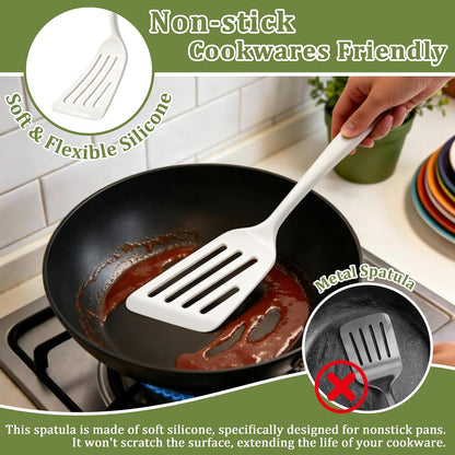 TeamFar Silicone Fish Spatula Set of 2, Heat Resistant Slotted Fish Turner for Non Stick Cookware, Flexible Cooking Spatula Flipper for Fish, Egg, Pancake, Steak, Burger, Dishwasher Safe, Black