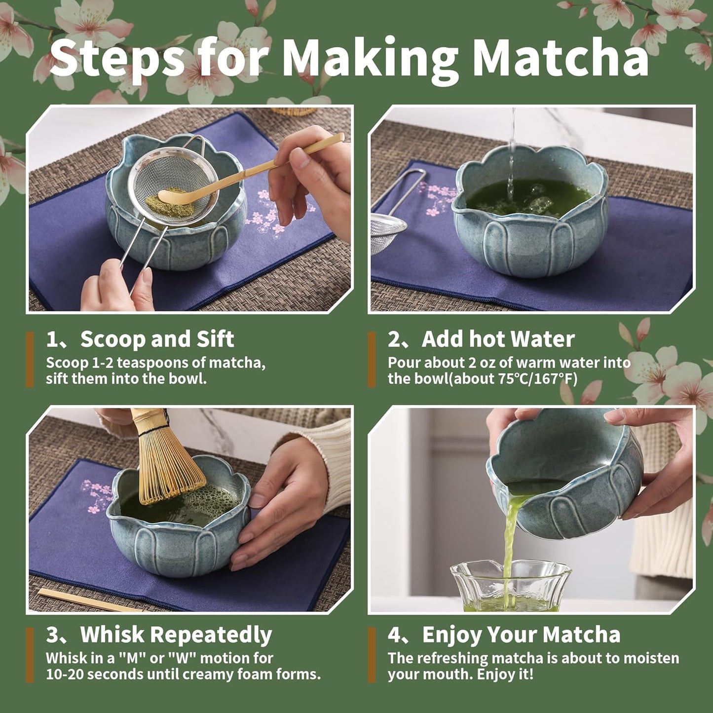 Matcha Whisk Set, 5 Pcs Ceramic Matcha Set, Matcha Kit Set Includes Matcha Bowl, Matcha Whisk and Holder, Bamboo Scoop and Sifter, Matcha Tea Set, Ideal Gift for Family/Friend (Pink)