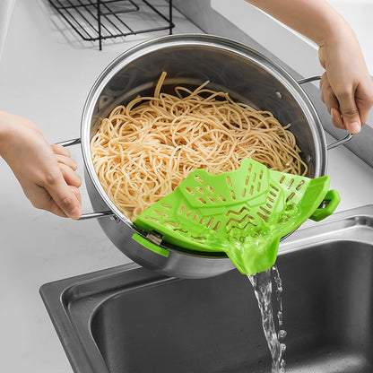 Adjustable Silicone Clip-On Colander. Heat-Resistant Drainer for Pasta, Vegetables, Noodles, and Food. Clip On Strainer for Pots, Pans, and Bowls-Essential Kitchen Gadget (Green)