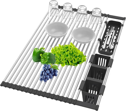 Black Expandable Roll Up Dish Drying Rack Up to 22.8''with 2 Storage Baskets,Over The Sink Kitchen Rolling up Dish Drainer Drying Rack , Foldable,Rollable,for Kitchen Dishes(Expandable Width Size)