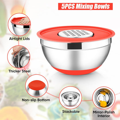 E-far Stainless Steel Mixing Bowls with Lids Set, 5-Piece Nesting Salad Bowls with 3 Grater Attachments and Non-Slip Bottoms, Size 4.6, 2.6, 2, 1.5, 1QT for Kitchen (Black)