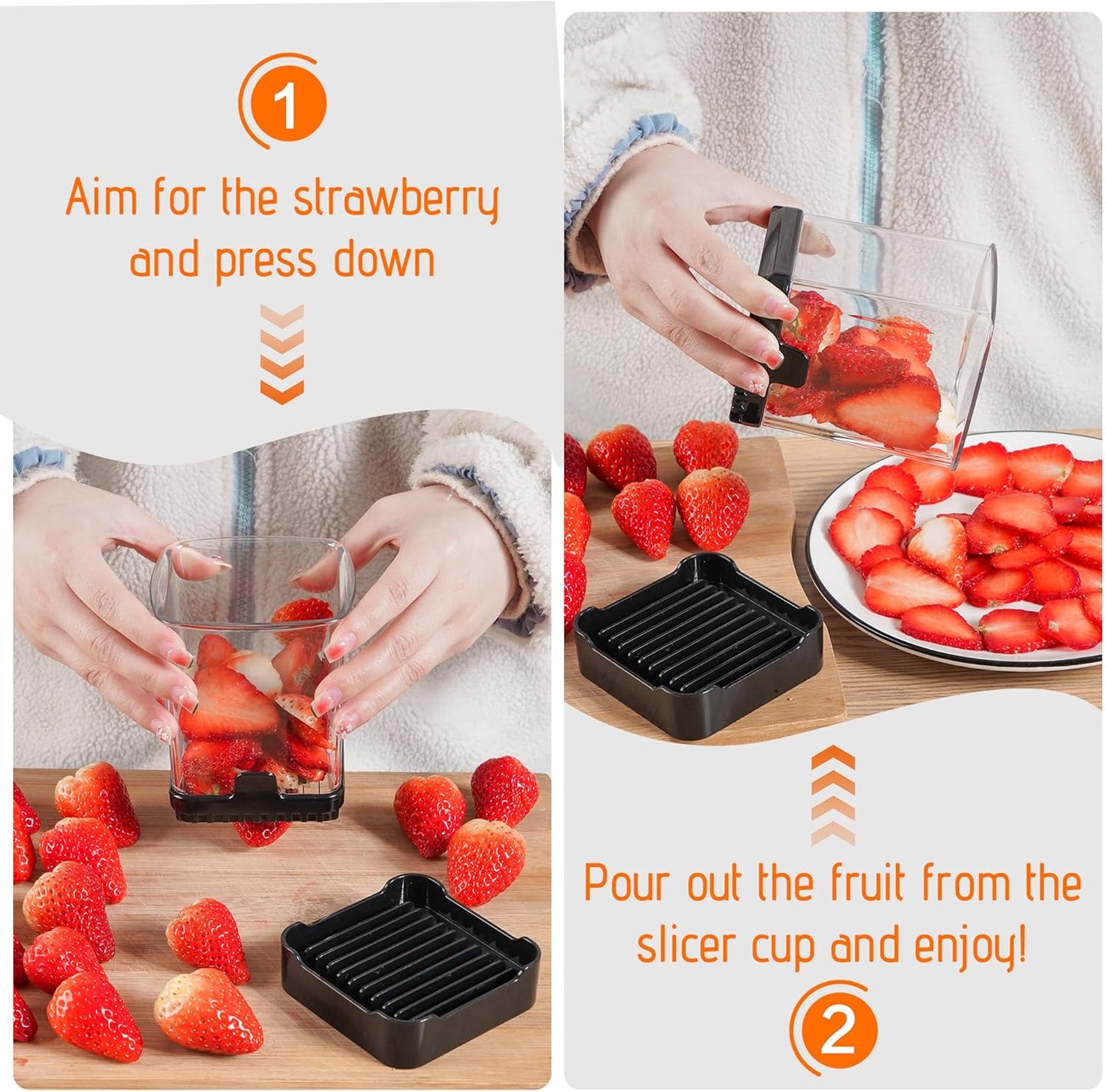 Fruit Slicer Cup for Strawberry, Banana, Hard-Boiled Egg - Detachable Cutter with Push Plate - 304 Stainless Steel Blade - Rapid & Safe Slicing Kitchen Gadget for Quick Meal Prep (Black)