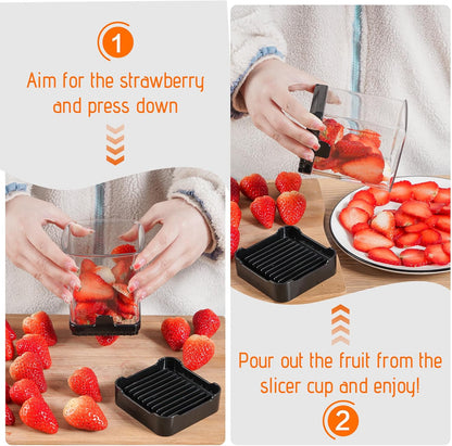 Fruit Slicer Cup for Strawberry, Banana, Hard-Boiled Egg - Detachable Cutter with Push Plate - 304 Stainless Steel Blade - Rapid & Safe Slicing Kitchen Gadget for Quick Meal Prep (Black)