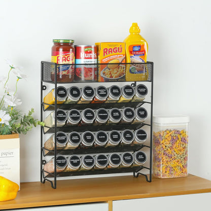Skiileor Spice Rack Organizer with 28 Spice Jars, Black Lids，Spice Labels, Chalk pen and Funnel Set for Cabinet, Countertop, Pantry, Cupboard or Wall Mount