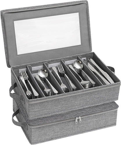 Lifewit Silverware Storage Box, Covered Flatware Organizer with Zipper Lid, 5 Compartment Cutlery Case with Adjustable Divider and Handle, Utensil Container for Spoon Fork Knives, 1 Pack