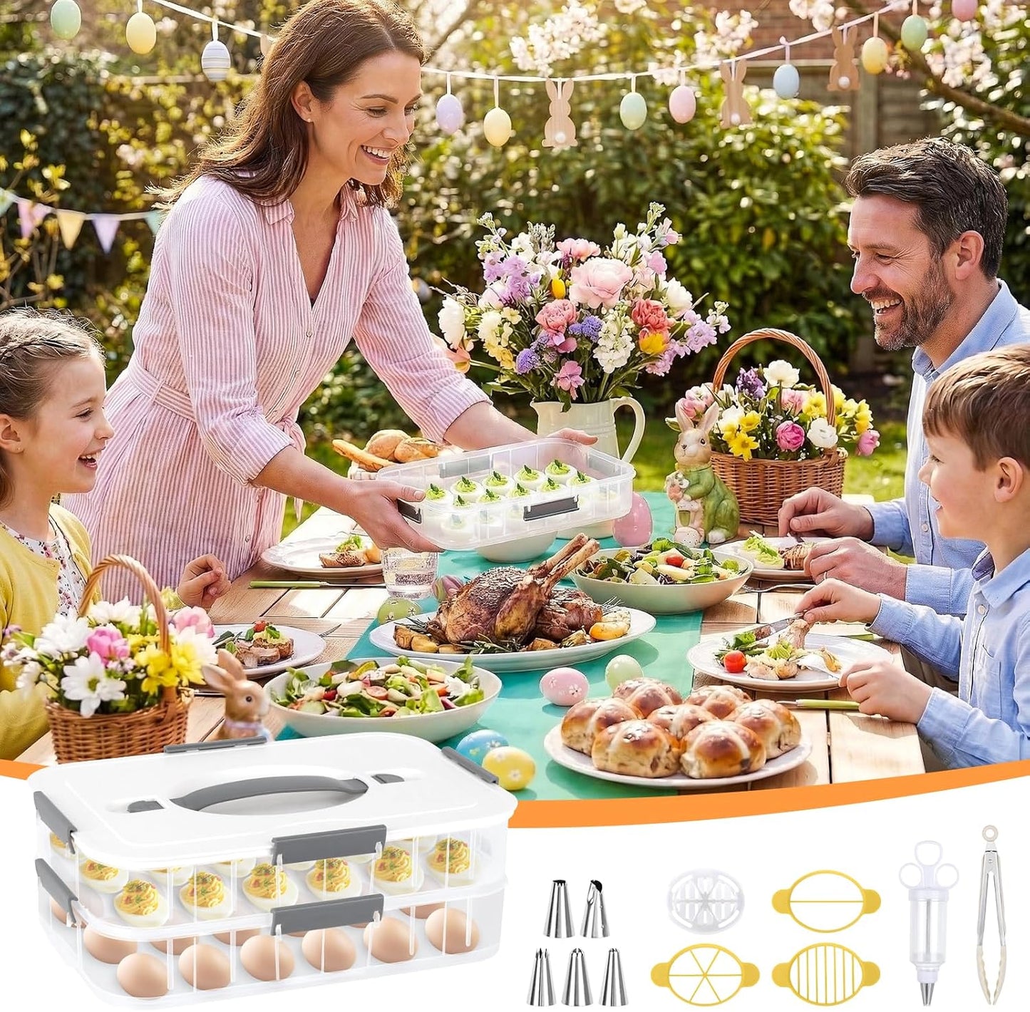 2-Layer Deviled Egg Containers with Lid, 36 Slots Refrigerator fridge organizers and storage egg cartons with Handle for Easter, with Slicer Kitchen Tongs Piping Decorating Kit
