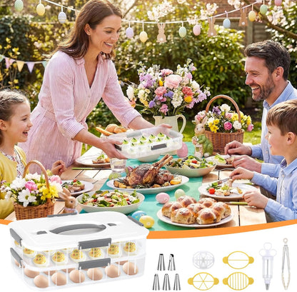 2-Layer Deviled Egg Containers with Lid, 36 Slots Refrigerator fridge organizers and storage egg cartons with Handle for Easter, with Slicer Kitchen Tongs Piping Decorating Kit