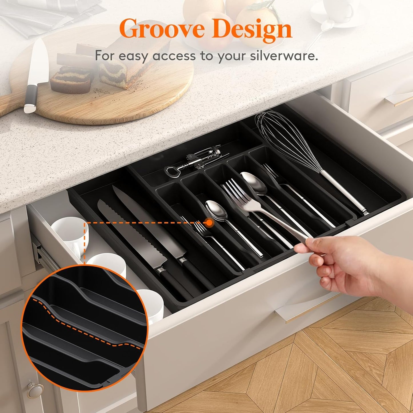 Lifewit Silverware Drawer Organizer, Expandable Utensil Tray for Kitchen, BPA Free Flatware and Cutlery Holder, Adjustable Plastic Storage for Spoons Forks Knives, 11-18 x 14", Black