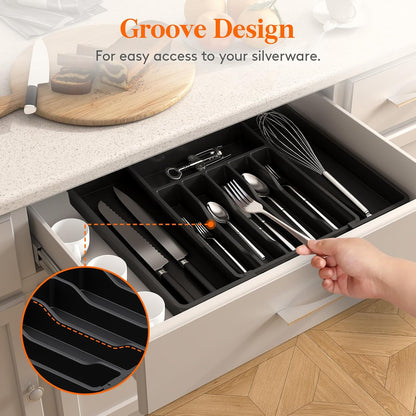 Lifewit Silverware Drawer Organizer, Expandable Utensil Tray for Kitchen, BPA Free Flatware and Cutlery Holder, Adjustable Plastic Storage for Spoons Forks Knives, 11-18 x 14", Black