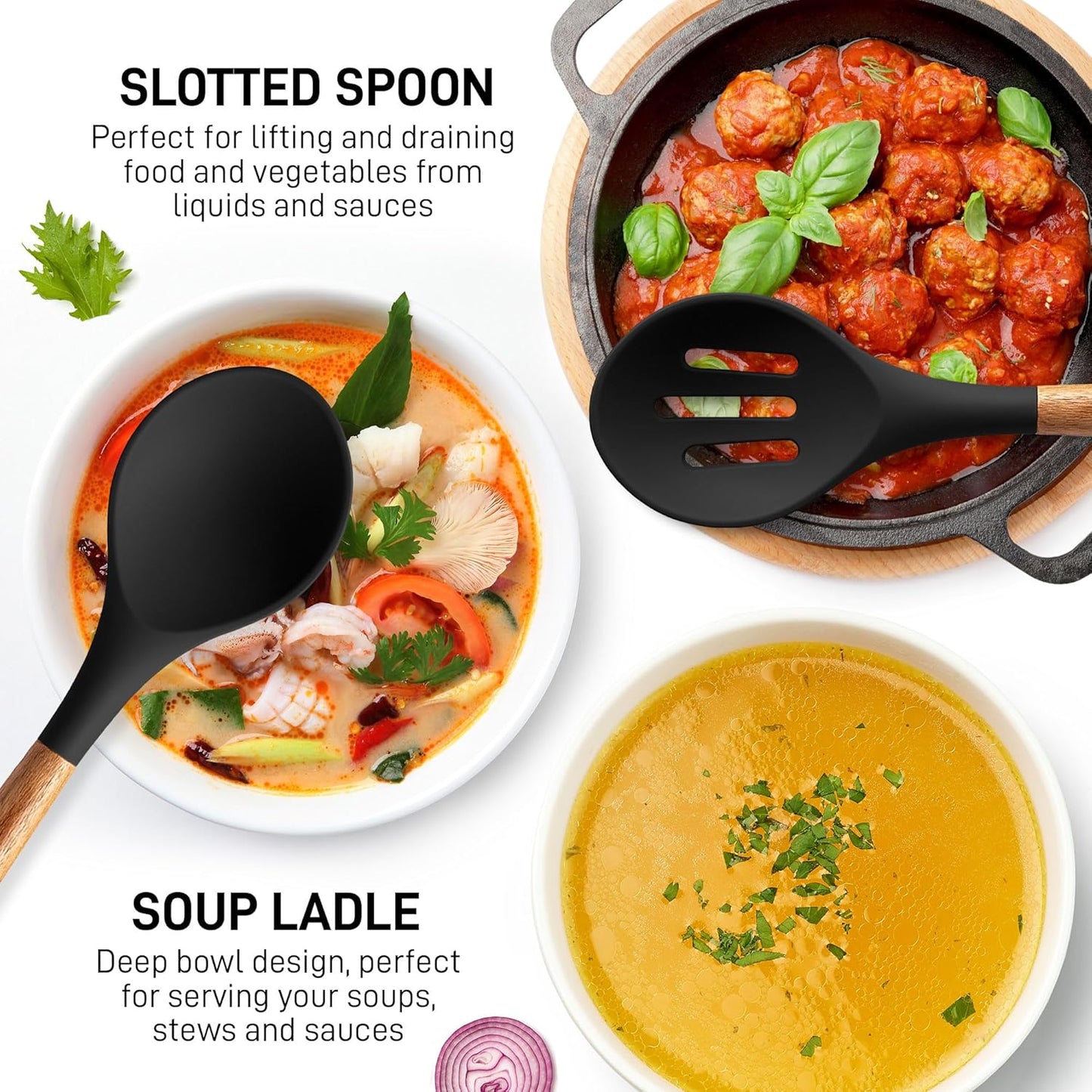 Zulay Kitchen Utensils Set Non-Stick Silicone Cooking Utensils Set with Authentic Acacia Wood Handles - 5 Piece Silicone Utensil Set - Kitchen Utensils Set with 464°F Heat Resistance - Gray