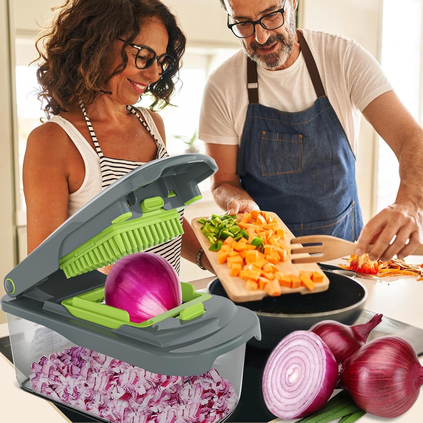 Ourokhome Veggie Chopper and Dicer with Container, Manual Hand Food Mandolin Slicer with 4 in 1 Handheld Vegetable Spiralizer for Zucchini, Potato, Onion, Essential Kitchen Gadgets (12 in 1, Gray)