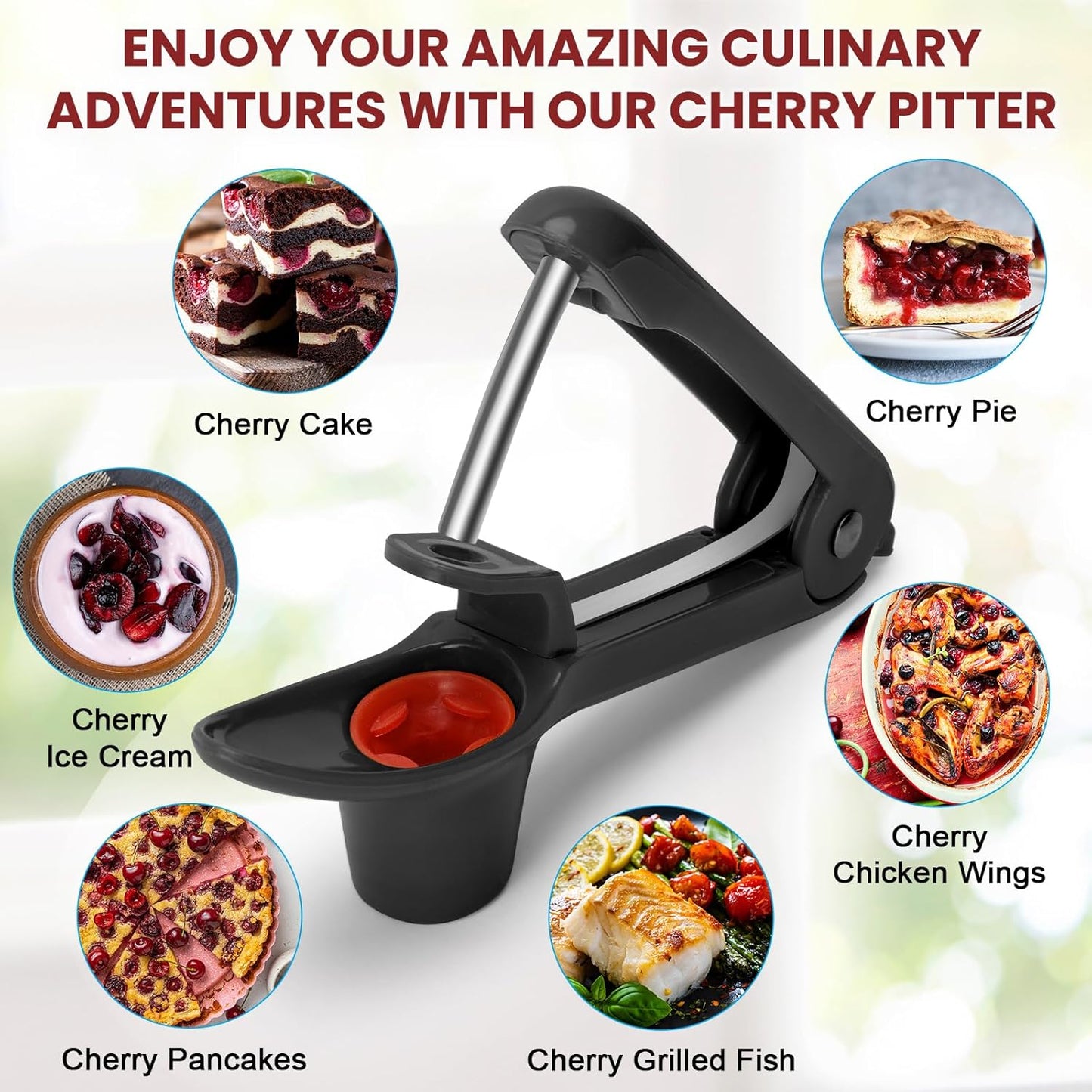SCHVUBENR Cherry Pitter Tool - Stainless Steel Cherry Corer Pitter with Ergonomic Push Design - Easy to Use for Making Cherry Jam - Pit Cherry with Ease, Saving Time & Space with Lock Design(Red)