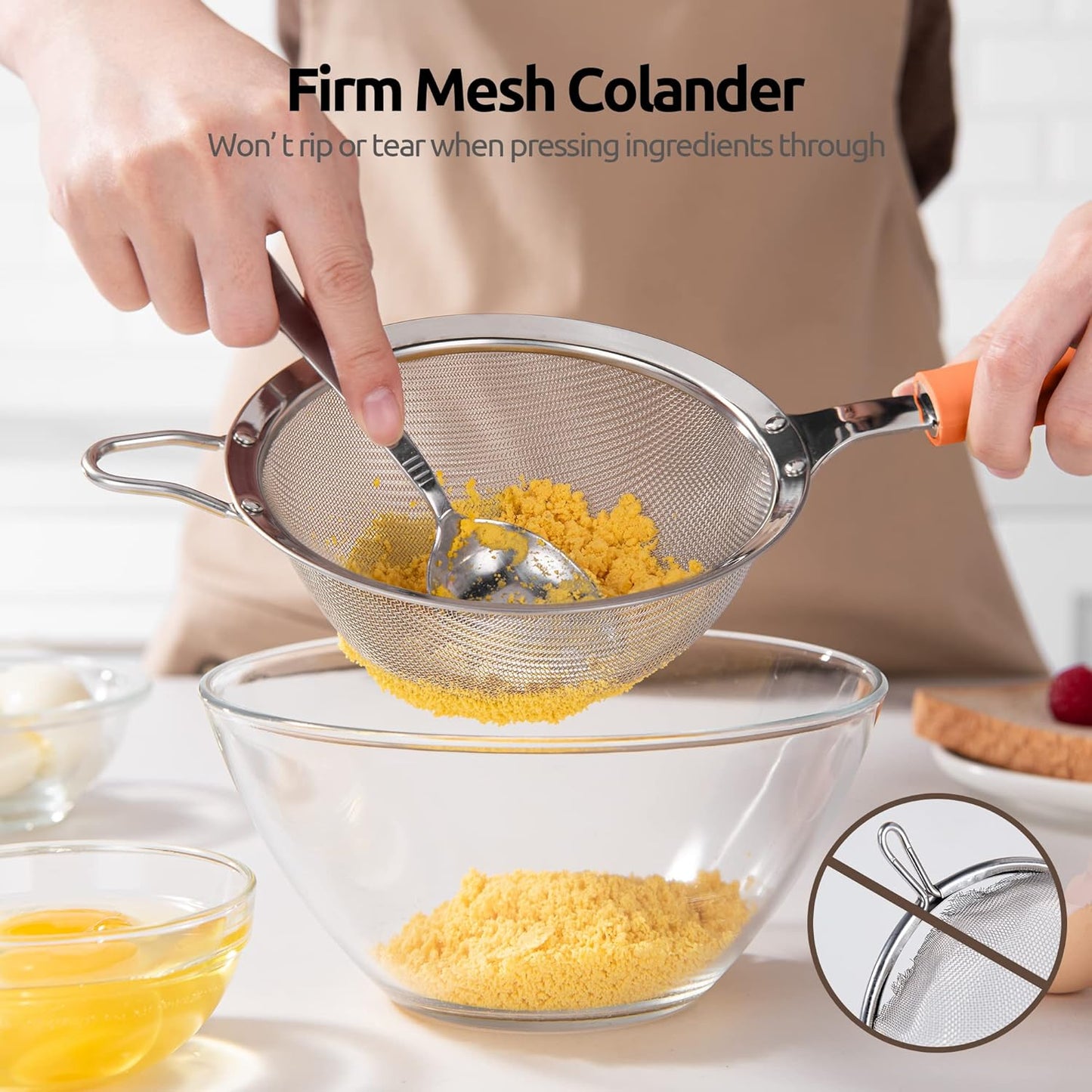 18/8 Stainless Steel Mesh Strainer: U-Taste 5.5 Inch Kitchen Fine Mesh Sieve Food Colander with Riveted Sturdy Silicone Handle and 30 Mesh Hole for Straining Flour, Pasta, Fruit, Quinoa(Aqua Sky)