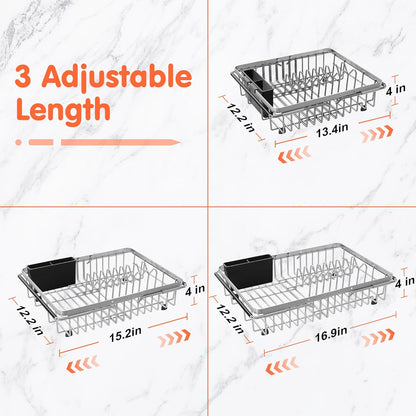 Over the Sink Expandable Dish Drainer Drying Rack In Stainless Steel for Small Kitchen, Counter Space Saving Modern Compact Metal Above Plate Dryer Strainer, Adjustable Hanging Inside Drain Holder