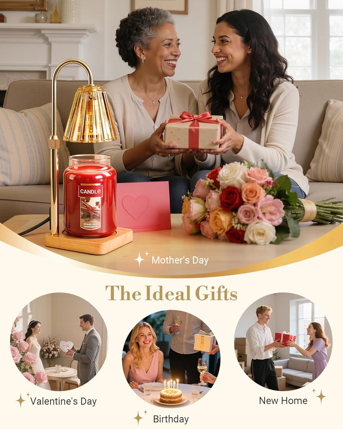 Marycele Candle Warmer Lamp with Timer & Dimmer - Mothers Day Gifts for Women Mom Her, Aesthetic Office Home Decor, Adjustable Height Wax Melter for Candle Jar & 3-Wick Candles (2 Bulbs Included)