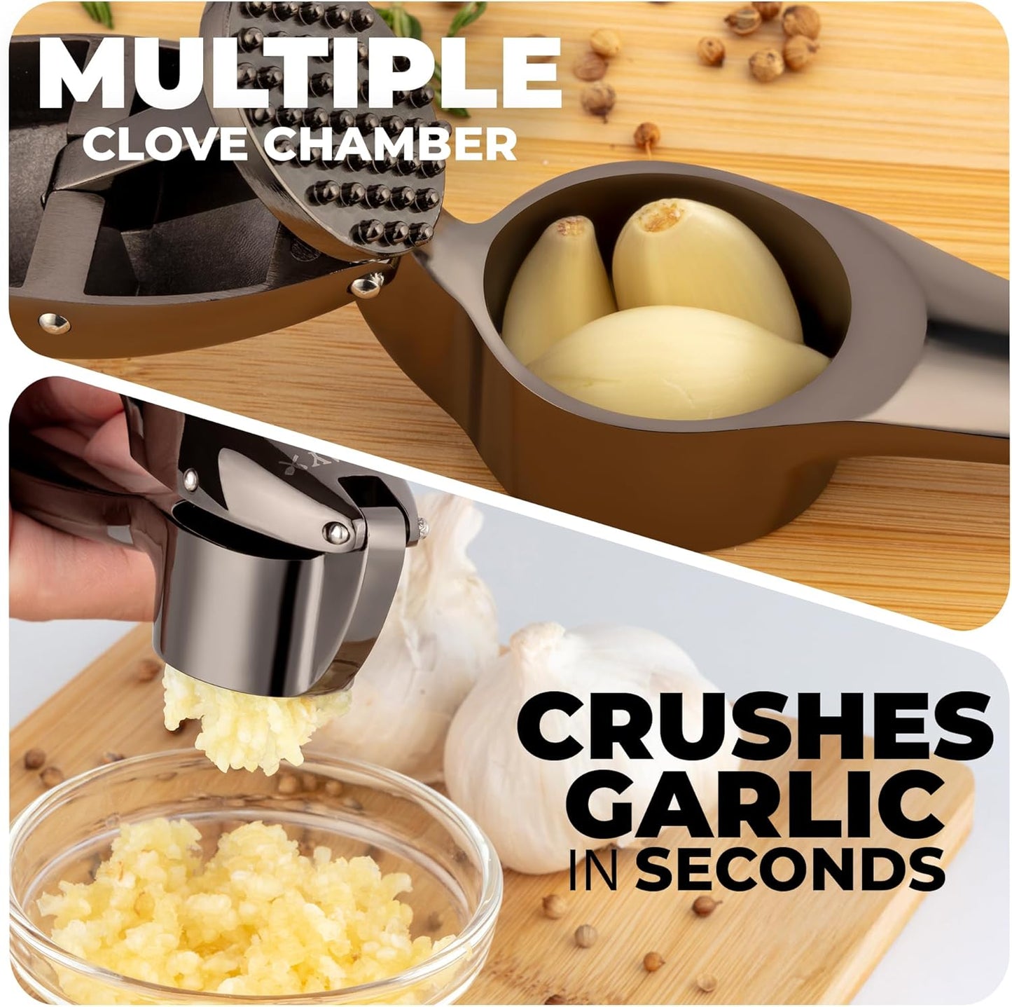 Zulay Kitchen Premium Garlic Press Set - Rust Proof Professional Garlic Mincer Tool - Easy-Squeeze, Easy-Clean with Soft, Ergonomic Handle - Silicone Garlic Peeler & Brush (Silver)