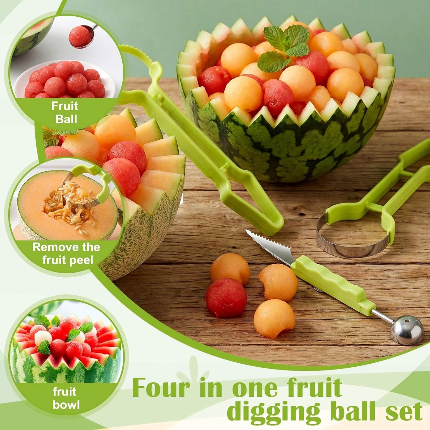 Kitchen Spiral and Melon Baller Scoop Set 4 in 1 Stainless Steel Fruit Scooper Seed Remover Cutter Vegetable Spiral Cutter for Potatoes, Cucumbers, Carrots, Kitchen Food Decoration Tools