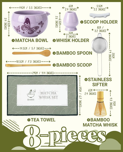 Onebttl Matcha Whisk Set Gifts, 8 Pcs Ceramic Matcha Kit Set Includes Matcha Bowl, Matcha Whisk and Holder, Bamboo Spoon and Scoop, Scoop Rest, Sifter and Tea Towel - Sunflower