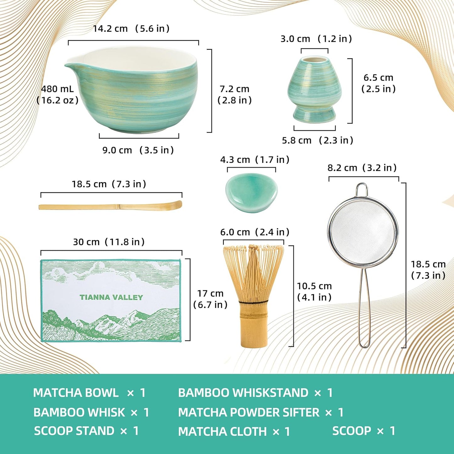 Matcha Whisk Set,7 Pcs Matcha Set Light Green,Matcha Kit for Ceremony,480Ml Ceramic Bowl(chawan) with Spout,Bamboo Whisk and Holder,Tradition Tea Set,Unique Gift