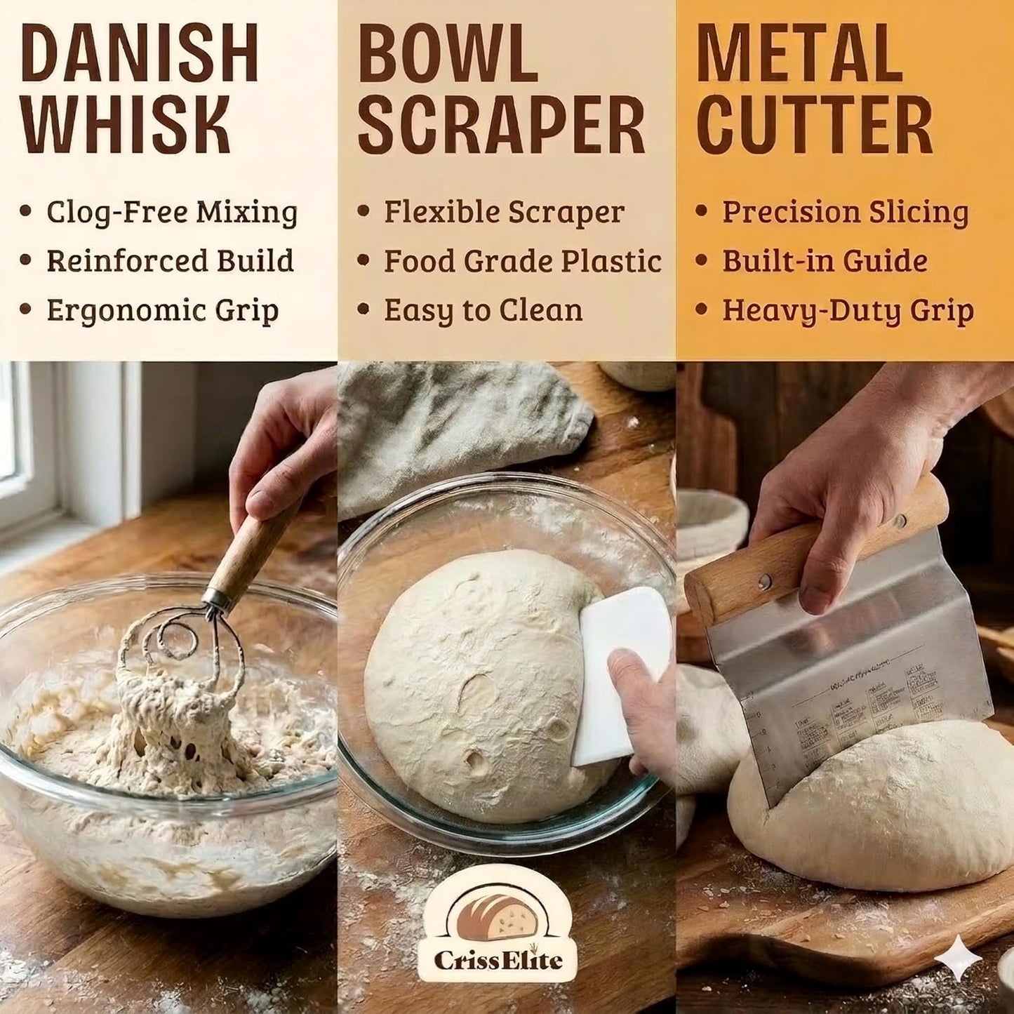 CRISS ELITE 11" Oval Banneton Proofing Basket Set of 2 - Sourdough Starter Kit with Bread Lame, Danish Whisk, Metal & Bowl Scrapers, Cleaning Brush - Professional Artisan Baker Gift Set