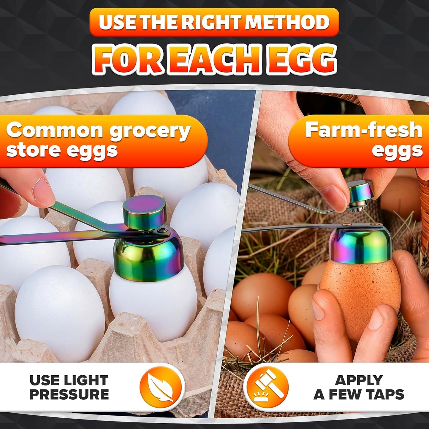 Egg Cracker Tool for Raw Eggs — Egg Shell Opener for Soft-Boiled Shell Tops, Stainless Steel Topper with Ergonomic Adjustable Effort — Clean Cut Design for Breakfast Prep, Custards, & Baking (Silver)