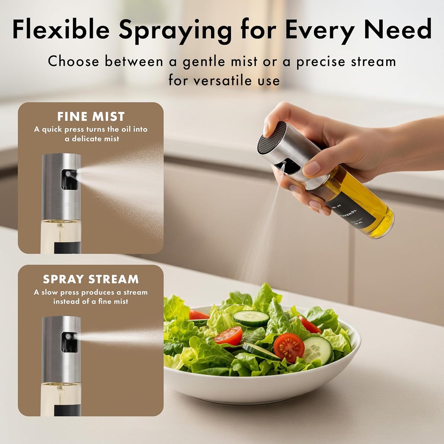 EDELHAUS Oil Sprayer Set of 2 – Oil Spray Bottle Made of Stainless Steel & Glass, for Healthy Cooking, Sprayer for Precise Dosage, for Cooking Oil & Vinegar Including 20 Labels, Funnel