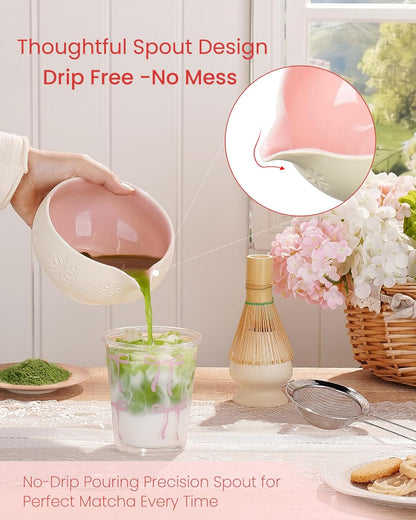 ZENS Matcha Whisk Set, Ceramic Matcha Kit Set Includes Matcha Bowl, Bamboo Whisk and Scoop, Chasen Holder, 304 Sifter and Tea Mat - 6Pcs Matcha Kit for Matcha Lovers (White)