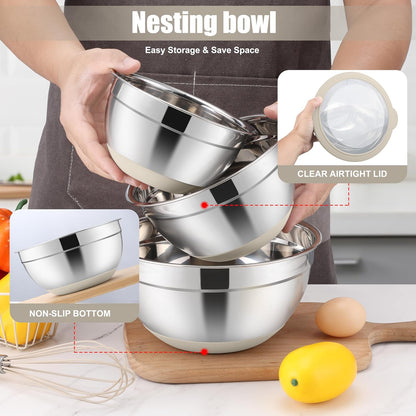E-far Mixing Bowls with Lids Set, 15PCS Stainless Steel Mixing Nesting Bowl with Colander & 3 Metal Grater for Kitchen Prep/Baking/Storage, Non-Slip Bottom & Airtight Lid, 4.6, 3, 1.5, 1, 0.7QT, Black