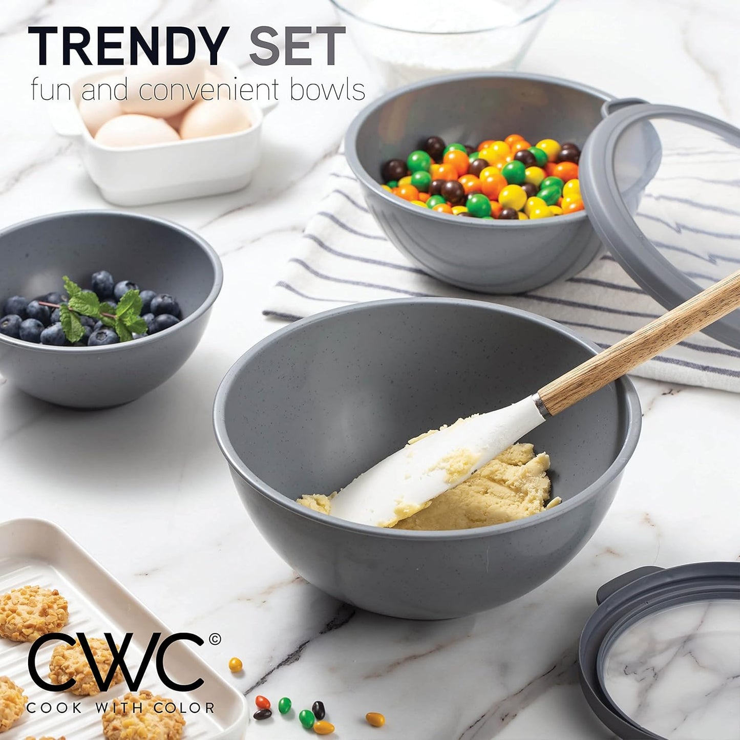 COOK WITH COLOR Mixing Bowls with Lids - 12 Piece Plastic Nesting Bowls Set includes 6 Prep Bowls and 6 Lids, Microwave Safe Mixing Bowl Set, Sage Embossed - Colors A