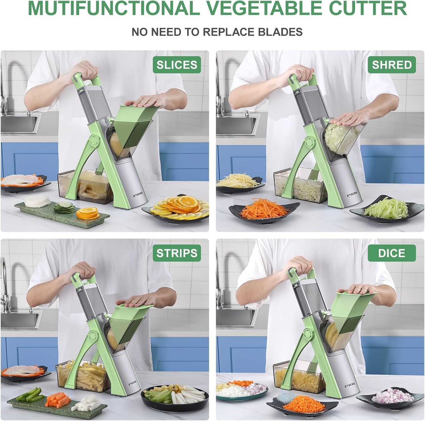 [All in 1] Upgraded Version Safe Mandoline Slicer for Kitchen, Adjustable Thickness. and Spiralizer, Veggie Slicer, Rapid Prep Mandoline, Detachable Blade, Cleaning Brush (High-grade Gray)