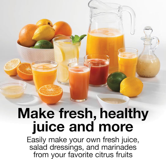 Proctor Silex Electric Citrus Juicer Machine, Large 34 oz. Pitcher, Pressure Activated, 2 Reamers for Big and Small Fruit, Pulp Control, for Orange, Lemon, Grapefruit Juice, White & Green (66340)