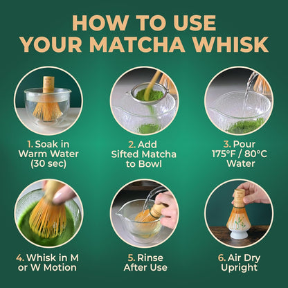 Aprika Life Matcha Bamboo Whisk Set with Holder | 100 Prong Chasen, Bamboo Scoop & Glass Whisk Holder | Matcha Whisk and Holder Starter Kit