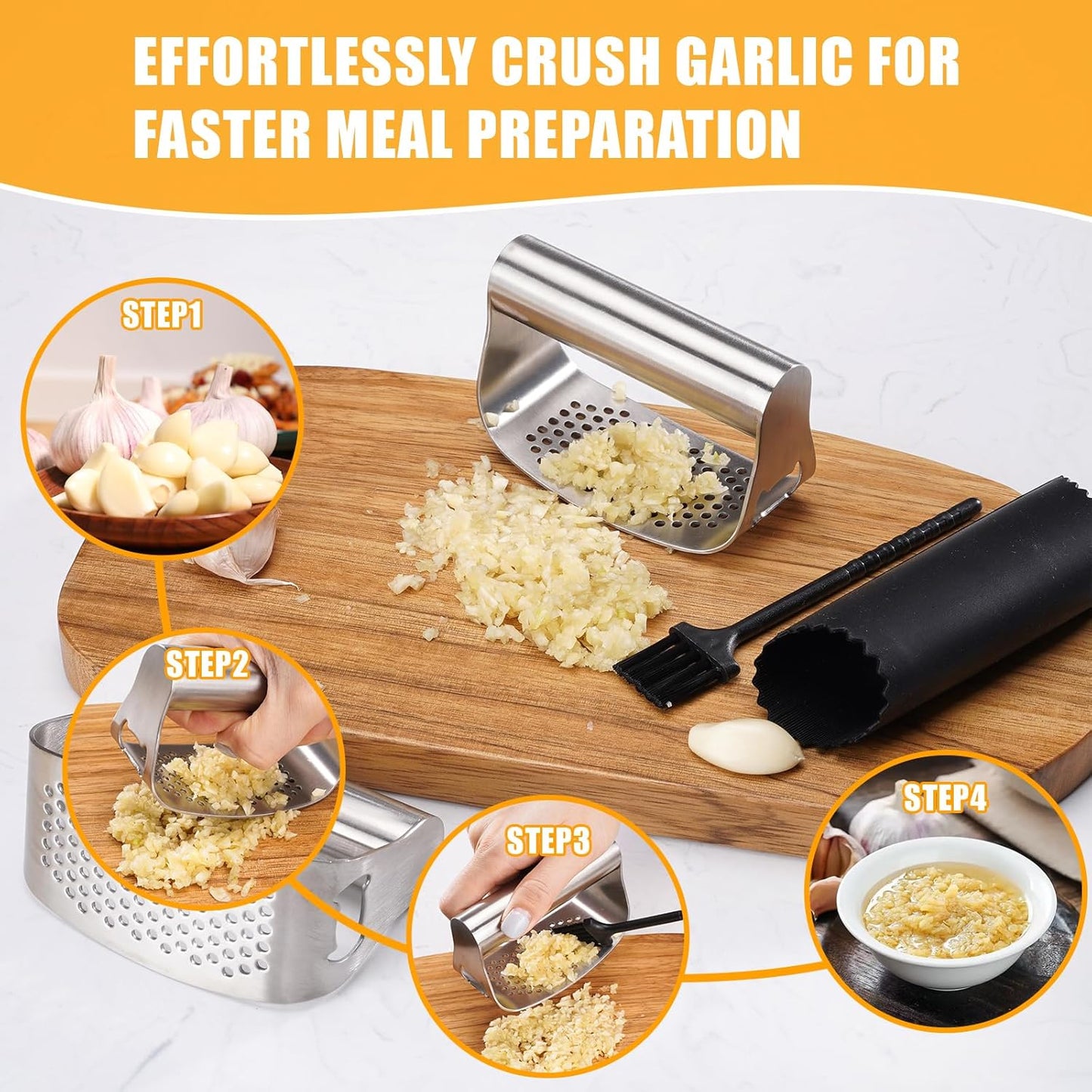 Garlic Press Rocker,Manual Crusher & Mincer with Ergonomic Handle for Easy Cleaning,Rust Proof Kitchen Tool for Ginger (Silveropen)