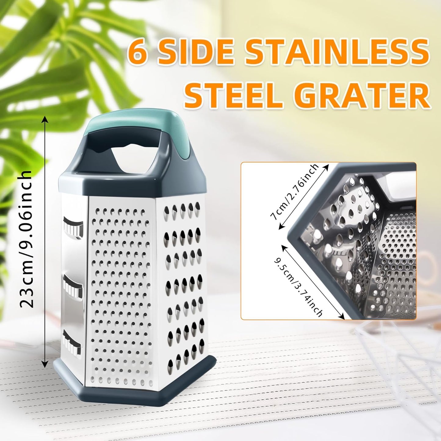 Cheese Grater, 6 Sides Box Graters for Kitchen, Stainless Steel Food Shredders for Cheese Vegetables Potatoes Carrot (Pink Handle)