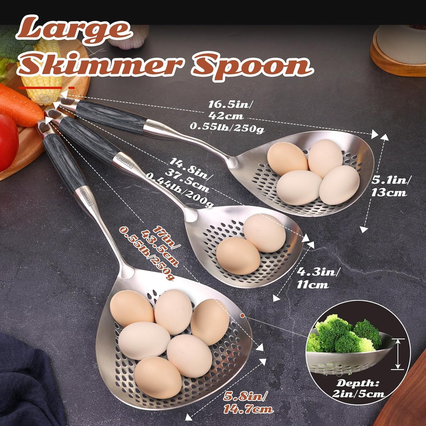 MARTE Skimmer Slotted Spoon Set of 4 - Kitchen Pasta Strainer Spoon - Spider Strainer Skimmer Ladle Spoon with Holder for Cooking and Frying Food, Spaghetti, Vegetable, Dumpling - 14.8In,16.5In,17In